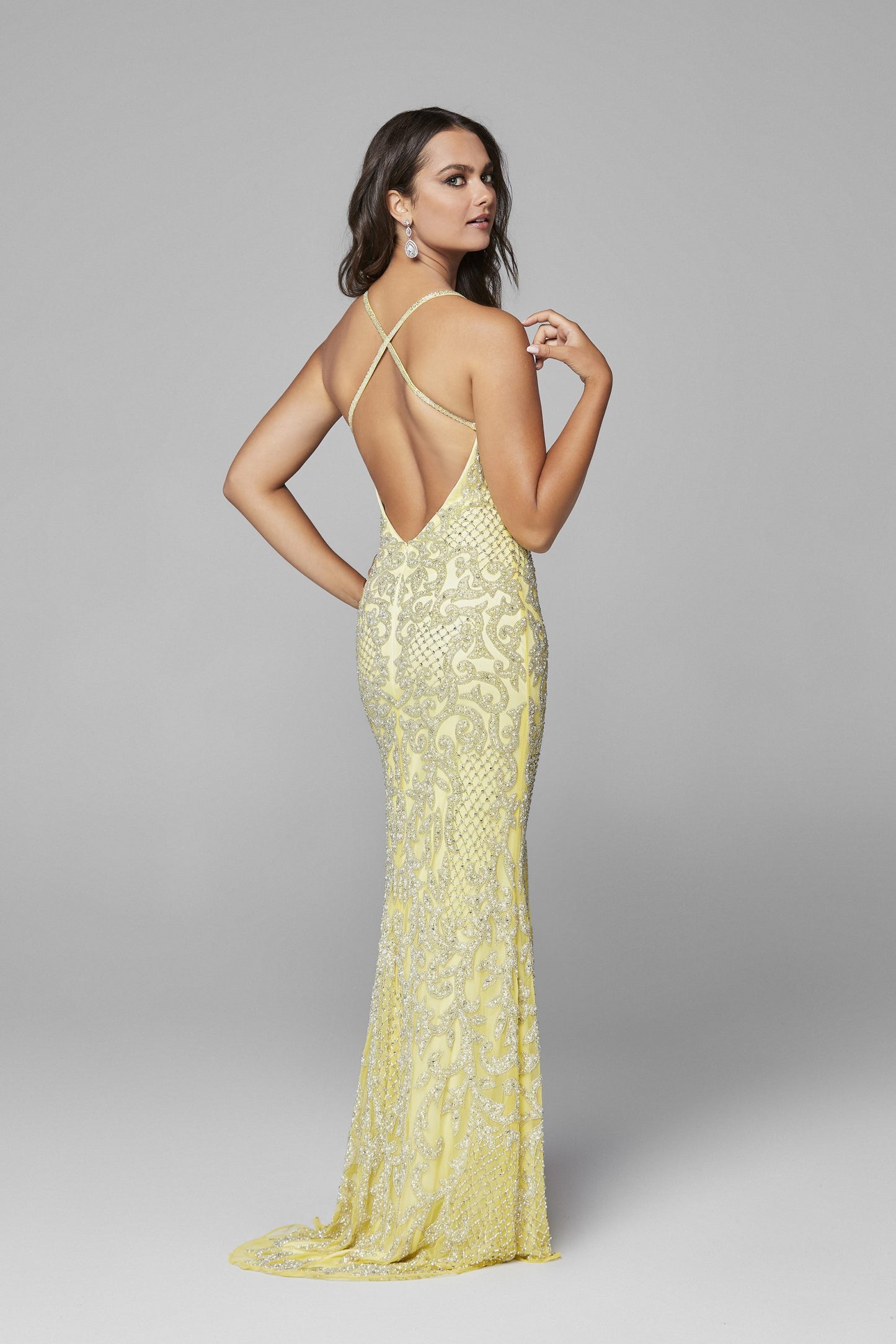 Primavera Couture 3214 Long Fitted Fully Beaded & Embellished formal evening gown. Prom Dress, Pageant Gown Evening gown. Backless with thigh slit and deep v neckline embellished spaghetti straps. v neckline criss cross back fully beaded prom dress with side slit. Great Wedding reception dress in Ivory!  Available Colors: YELLOW, FORREST GREEN, LILAC, POWDER BLUE, TEAL, BLUSH SILVER, RASPBERRY, IVORY, BLACK, BURGUNDY, MIDNIGHT  Available Sizes: 00-18