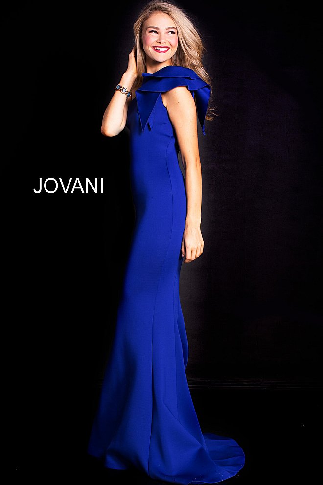 Jovani 32602 One shoulder ruffle bow long scuba mermaid prom dress evening gown 