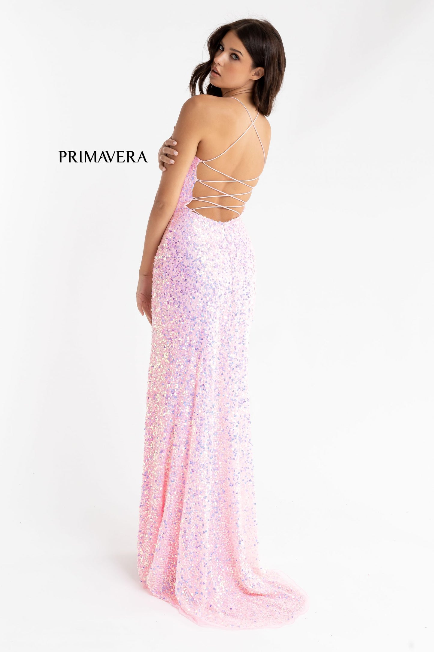 Primavera couture 3290 Size 2 Baby Pink Prom Dress Sequins Tie Back Side Slit Scoop Neckline