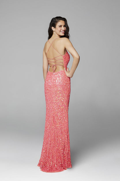 Primavera Couture 3290 Size 8 Orange Prom Dress Sequins Long Fitted Tie Back Scoop Neckline