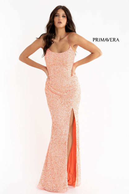 Primavera Couture 3290 Size 8 Orange Prom Dress Sequins Long Fitted Tie Back Scoop Neckline