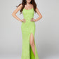 Primavera-Couture-3290-Neon-Green-Prom-Dress-Front-View-Sequins-Tie-Back-Scoop-Neckline