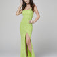 Primavera-Couture-3290-Neon-Green-Prom-Dress-Front-View-Sequins-Tie-Back-Scoop-Neckline