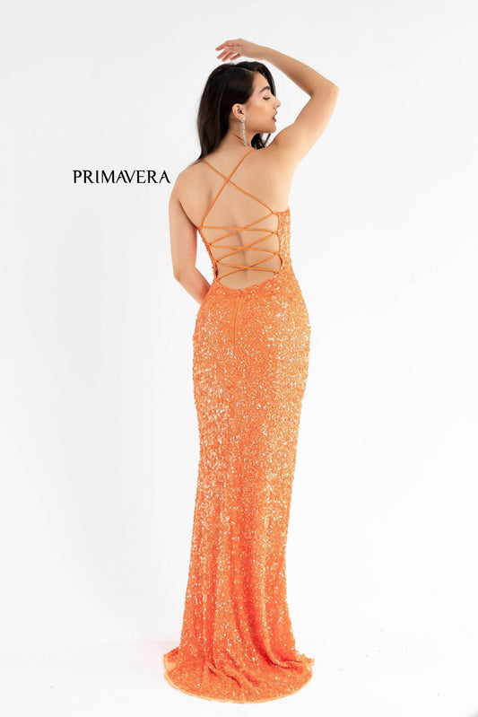 Primavera Couture 3290 This prom dress adds a pop to the multi sequins dress.&nbsp; With a scoop neckline and spaghetti straps that cross and tie in the back.&nbsp; This long evening dress has a side slit. Now in NEON!

Orange size&nbsp; 8