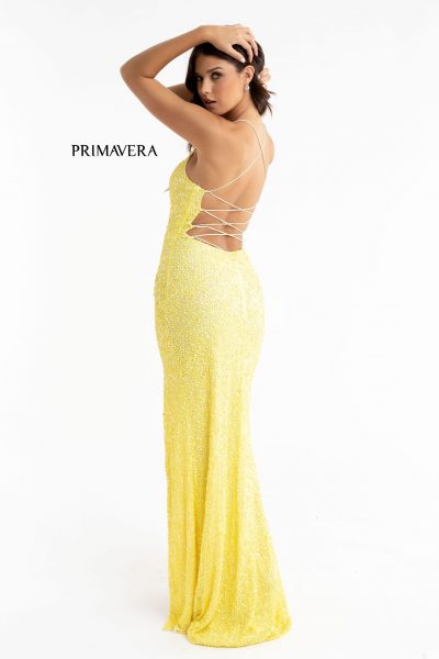 Primavera Couture 3290 Size 4, 10 Yellow Prom Dress Sequins Long Fitted Tie Back Scoop Neckline