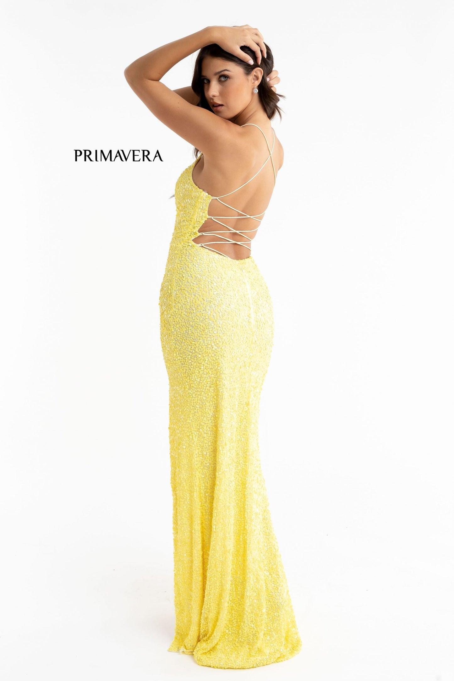 Primavera Couture 3290 Size 0 Cream Prom Dress Sequins Long Fitted Tie Back Scoop Neckline