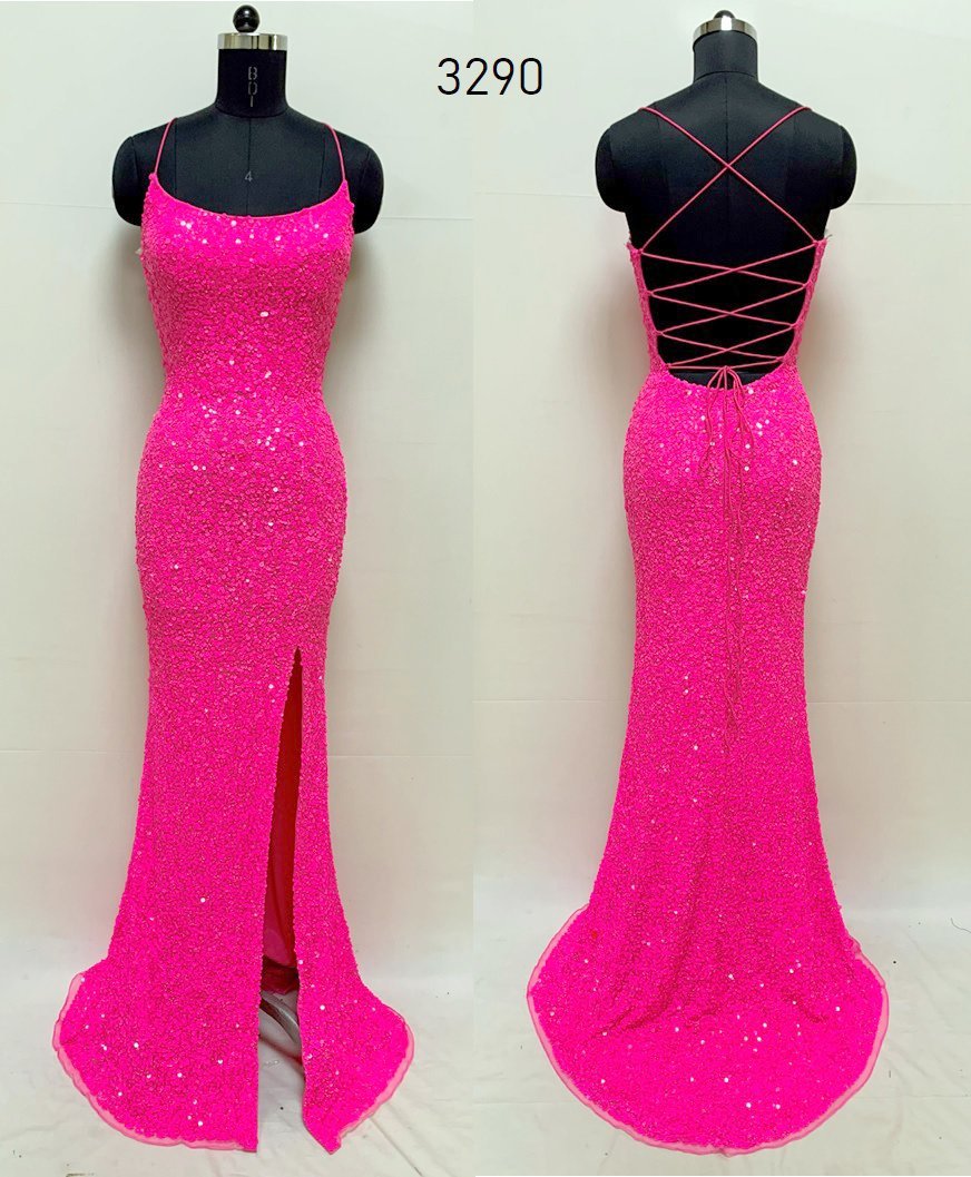 Primavera-Couture-3290-Neon-Pink-Prom-Dress-Front-Back-View-Sequins-Tie-Back-Scoop-Neckline