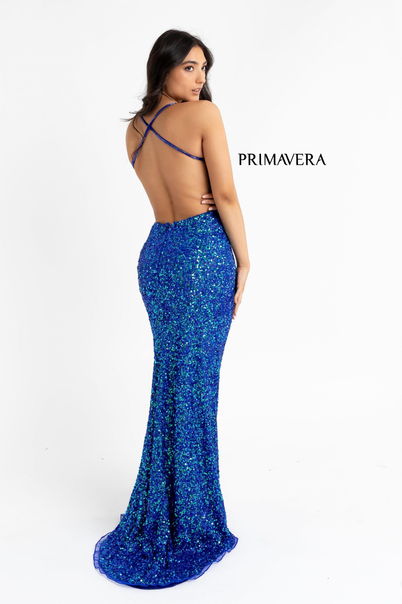 Primavera Couture 3291 Blue Exclusive Prom Dress&nbsp; Do you love Blue?&nbsp; Imagine wearing this blue exclusive Primavera Couture sequins long prom dress.&nbsp; It has a V neckline with spaghetti straps that crisscross in the open back.&nbsp; The long skirt on this evening gown has a left sided slit.

Blue sizes 2 , 4, 14