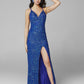Primavera Couture 3291 sz. 2 , 4 Blue Prom Dress Sequins V Neckline Fitted Side Slit Backless