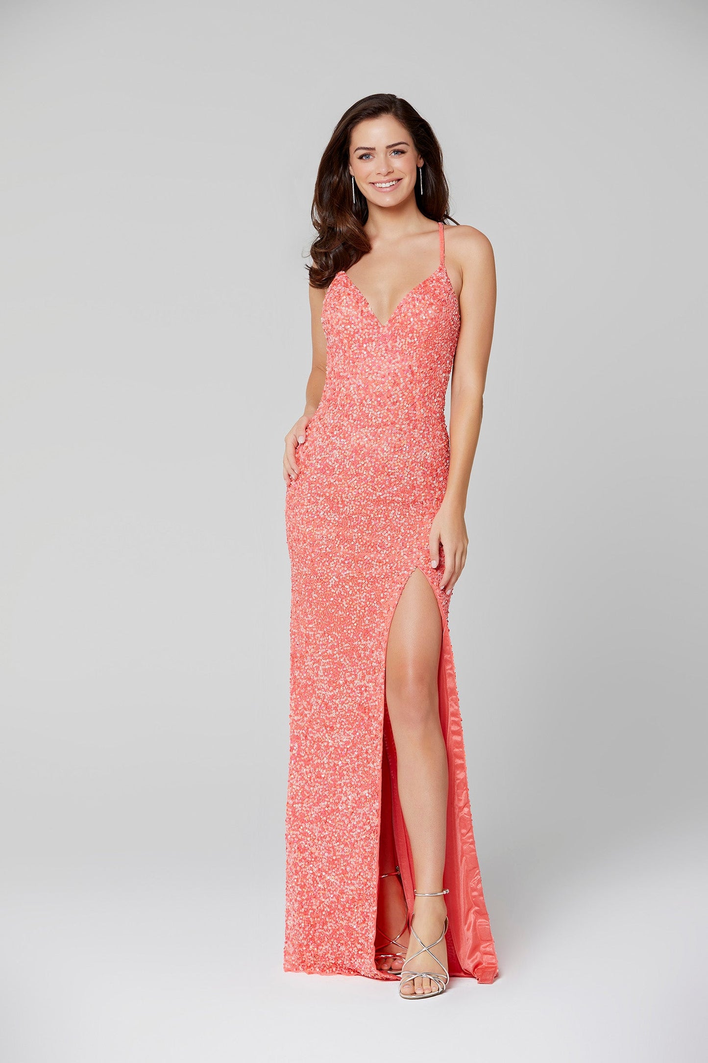 Primavera Couture 3291 Size 2 Neon Coral Prom Dress Long Fitted Backless Sequin Formal Evening Gown