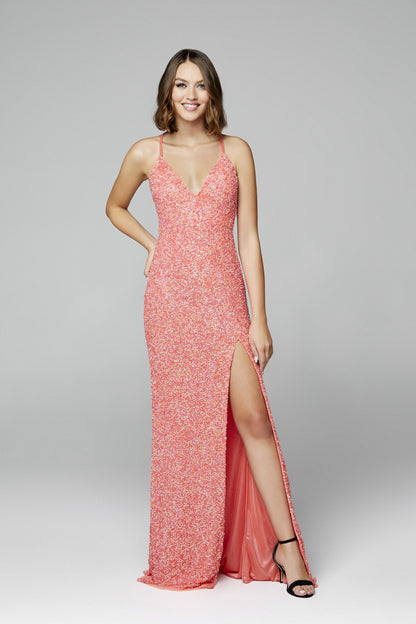 Primavera Couture 3291 Coral Prom Dress V Neckline Backless Sequins Slit sizes 2, 6