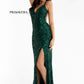 Primavera couture exclusive 3291 Forest Green Prom Dress   Be cool and calm in this dark green prom dress.  It is all sequins with a v neckline.  The long skirt has a left side slit.  Beaded spaghetti straps crisscross in the open back. Make this your prom dress.   Forest Green sizes: 0  Available colors: Forest Green