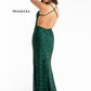 Primavera couture exclusive 3291 Forest Green Prom Dress   Be cool and calm in this dark green prom dress.  It is all sequins with a v neckline.  The long skirt has a left side slit.  Beaded spaghetti straps crisscross in the open back. Make this your prom dress.   Forest Green sizes: 0  Available colors: Forest Green