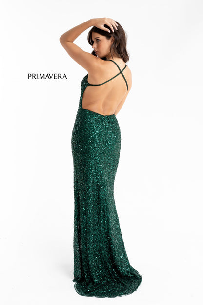 Primavera couture exclusive 3291 Forest Green Prom Dress   Be cool and calm in this dark green prom dress.  It is all sequins with a v neckline.  The long skirt has a left side slit.  Beaded spaghetti straps crisscross in the open back. Make this your prom dress.   Forest Green sizes: 0  Available colors: Forest Green