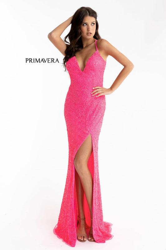 Primavera Couture 3291 Size 0, 2, 4 & 6 Hot Pink Prom Dress Long Fitted Backless Sequin Formal Evening Gown