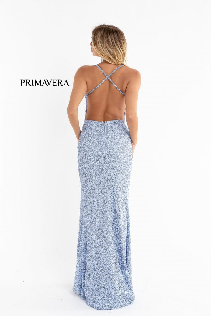 Primavera Couture 3291 Exclusive Prom Dresses.&nbsp; This long prom dress is embellished throughout with shimmering sequins.&nbsp; This impressive evening gown showcases a v neckline, thin beaded straps and crisscrossed straps in the open back. The long slim skirt has a sultry high side front slit.&nbsp;

Back Style&nbsp;Back Zipper, Open Back
Detail&nbsp;Slit
Length&nbsp;Long, 63-65" Hollow to Hem
Material&nbsp;Beaded, Sequins
Neckline&nbsp;V Neck
Style&nbsp;Fitted

Available Colors:&nbsp;Neon Lilac

Avail