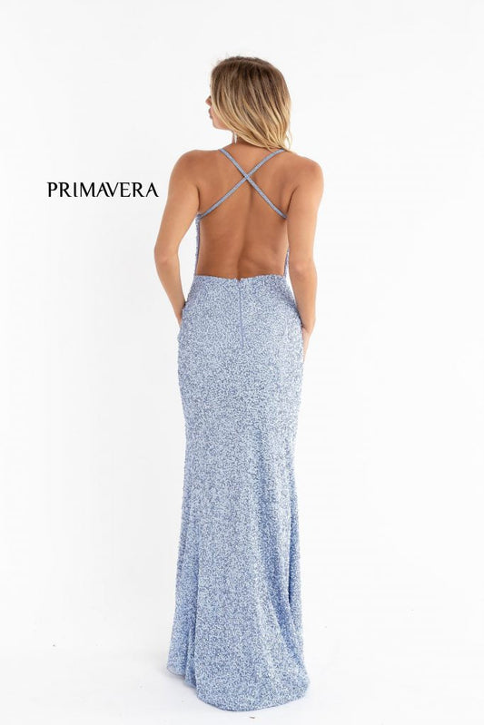 Primavera Couture 3291 Exclusive Prom Dresses.&nbsp; This long prom dress is embellished throughout with shimmering sequins.&nbsp; This impressive evening gown showcases a v neckline, thin beaded straps and crisscrossed straps in the open back. The long slim skirt has a sultry high side front slit.&nbsp;

Back Style&nbsp;Back Zipper, Open Back
Detail&nbsp;Slit
Length&nbsp;Long, 63-65" Hollow to Hem
Material&nbsp;Beaded, Sequins
Neckline&nbsp;V Neck
Style&nbsp;Fitted

Available Colors:&nbsp;Neon Lilac

Avail