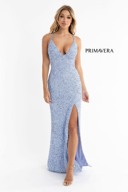 Primavera Couture 3291 Exclusive Prom Dresses.&nbsp; This long prom dress is embellished throughout with shimmering sequins.&nbsp; This impressive evening gown showcases a v neckline, thin beaded straps and crisscrossed straps in the open back. The long slim skirt has a sultry high side front slit.&nbsp;

Back Style&nbsp;Back Zipper, Open Back
Detail&nbsp;Slit
Length&nbsp;Long, 63-65" Hollow to Hem
Material&nbsp;Beaded, Sequins
Neckline&nbsp;V Neck
Style&nbsp;Fitted

Available Colors:&nbsp;Neon Lilac

Avail