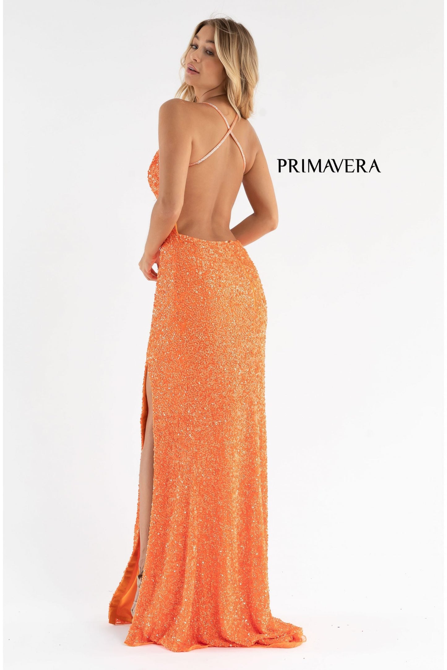 Primavera Couture 3291 Size 0 Orange Long Fitted Backless Sequin Prom Dress Formal Gown Slit