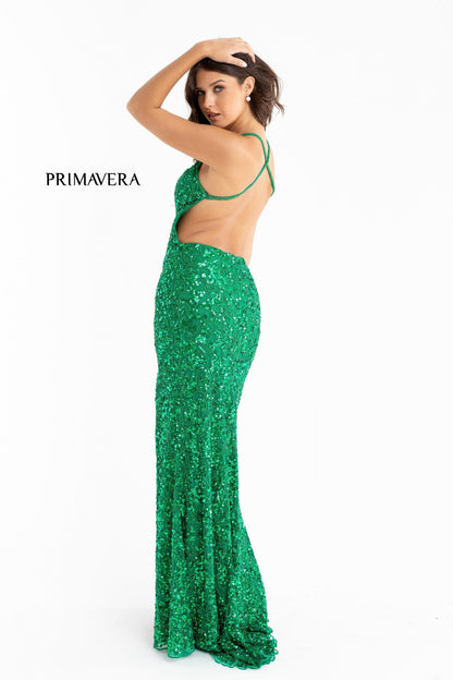 Primavera Couture 3295 Size 0, 4, 8 Ivory Prom Dress V Neckline Sequins Backless Slit Formal Evening Gown