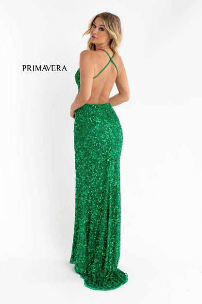 Primavera Couture 3295 Size 6 Neon Coral Prom Dress V Neckline Sequins Backless Slit Formal Evening Gown