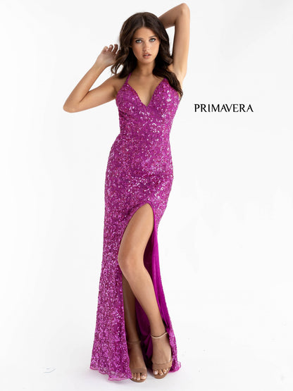 Primavera Couture 3295 Size 0, 4, 8 Ivory Prom Dress V Neckline Sequins Backless Slit Formal Evening Gown