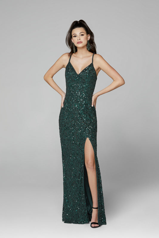 Primavera couture 3295 Sizes 16 Forest Green Prom Dress v neckline sequins backless slit