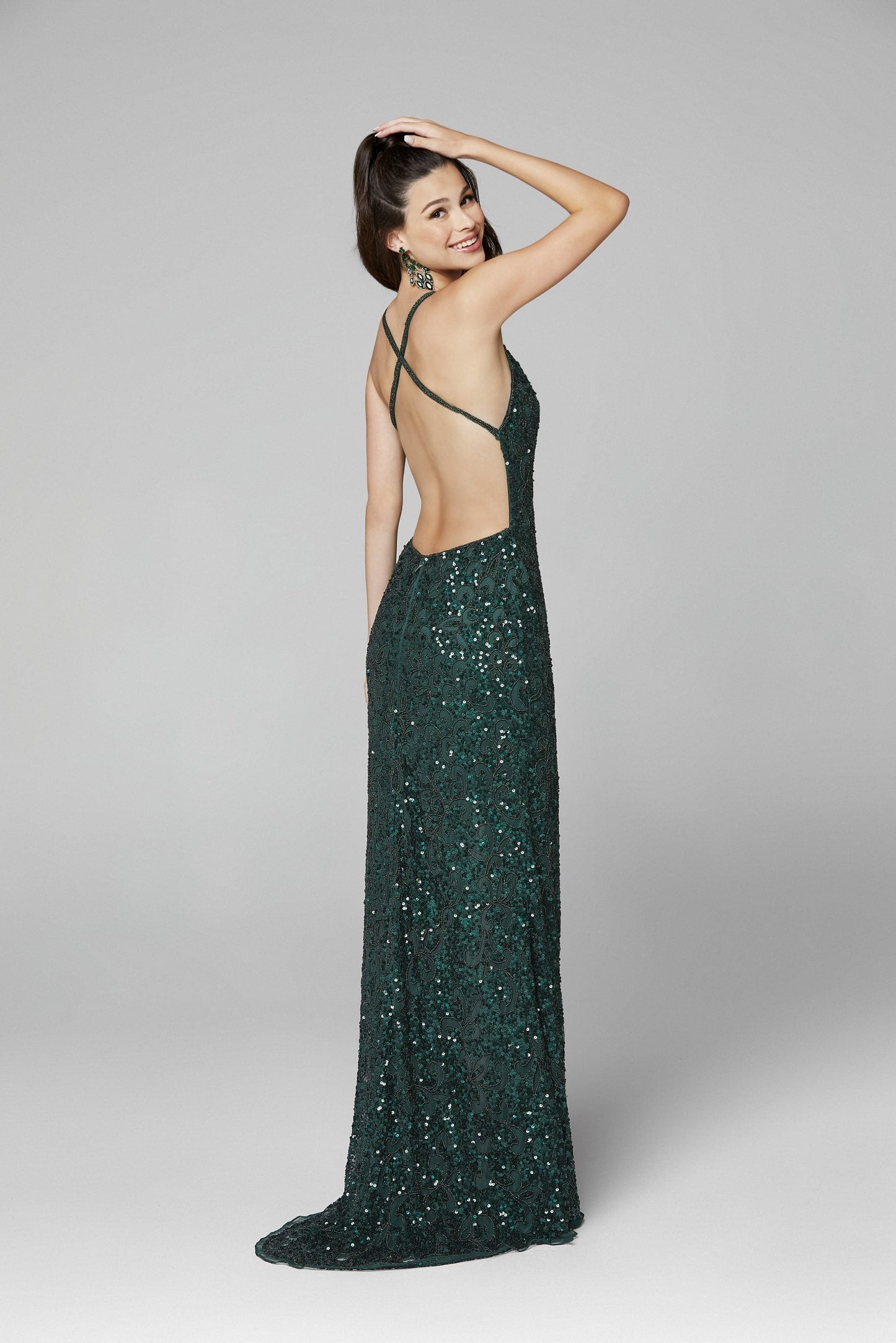 Primavera Couture 3295 Size 2, 6, 8 Emerald Prom Dress V Neckline Sequins Backless Slit Formal Evening Gown