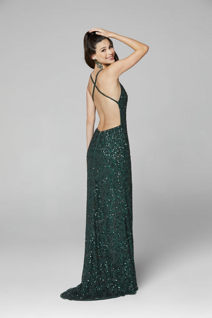 Primavera Couture 3295 Size 0, 4, 8 Ivory Prom Dress V Neckline Sequins Backless Slit Formal Evening Gown