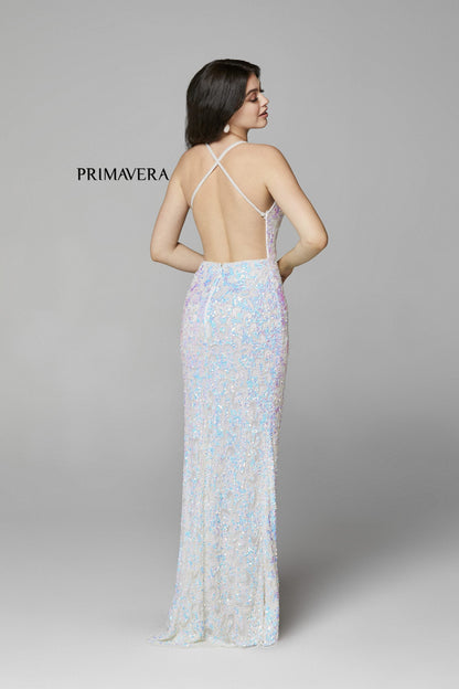 Primavera Couture 3295 Size 0, 4, 8 Ivory Prom Dress V Neckline Sequins Backless Slit Formal Evening Gown