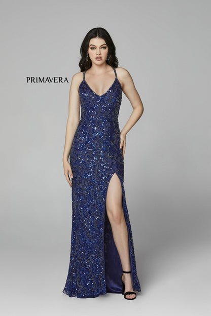 Primavera Couture 3295 Size 0, 4, 8 Ivory Prom Dress V Neckline Sequins Backless Slit Formal Evening Gown