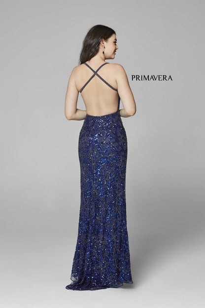 Primavera Couture 3295 Size 0, 4, 8 Ivory Prom Dress V Neckline Sequins Backless Slit Formal Evening Gown