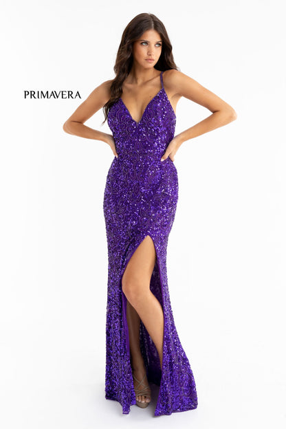 Primavera Couture 3295 Size 0, 4, 8 Ivory Prom Dress V Neckline Sequins Backless Slit Formal Evening Gown