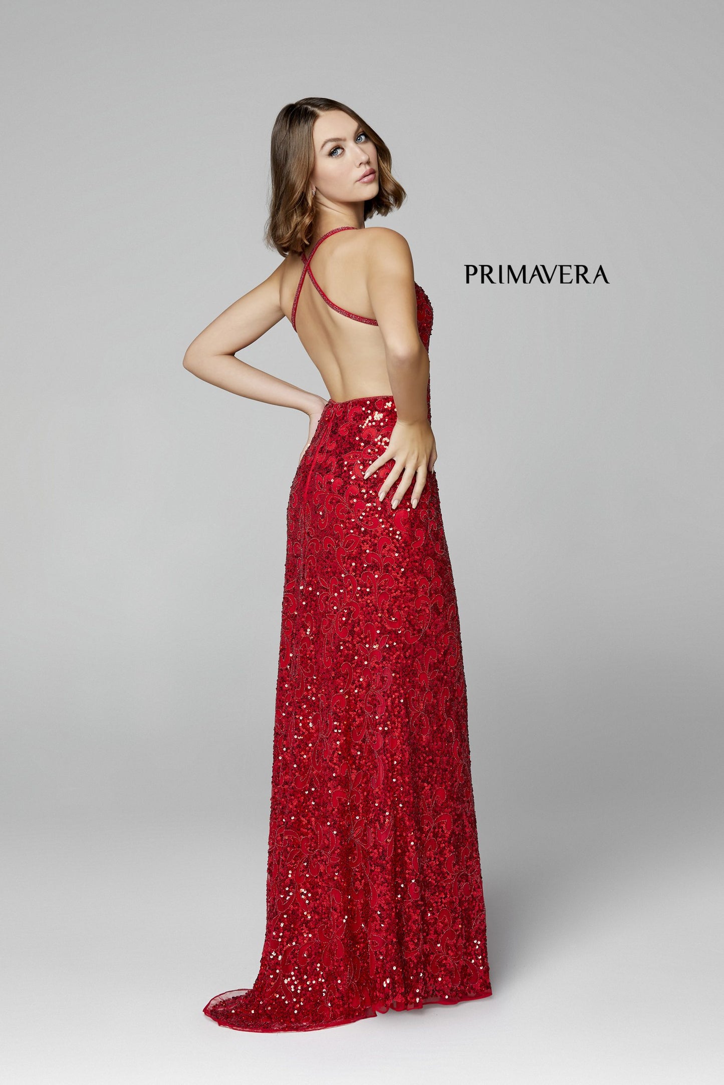 Primavera Couture 3295 Red Size 10 Prom Dress V Neckline Sequins Backless Slit Formal Evening Gown
