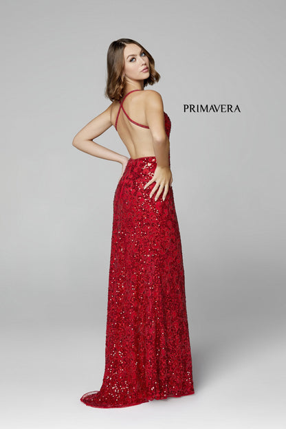 Primavera Couture 3295 Size 6 Neon Coral Prom Dress V Neckline Sequins Backless Slit Formal Evening Gown