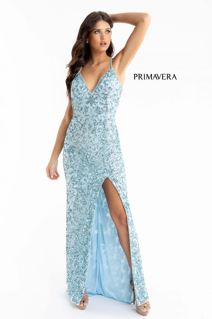 Primavera Couture 3295 Size 0, 4, 8 Ivory Prom Dress V Neckline Sequins Backless Slit Formal Evening Gown