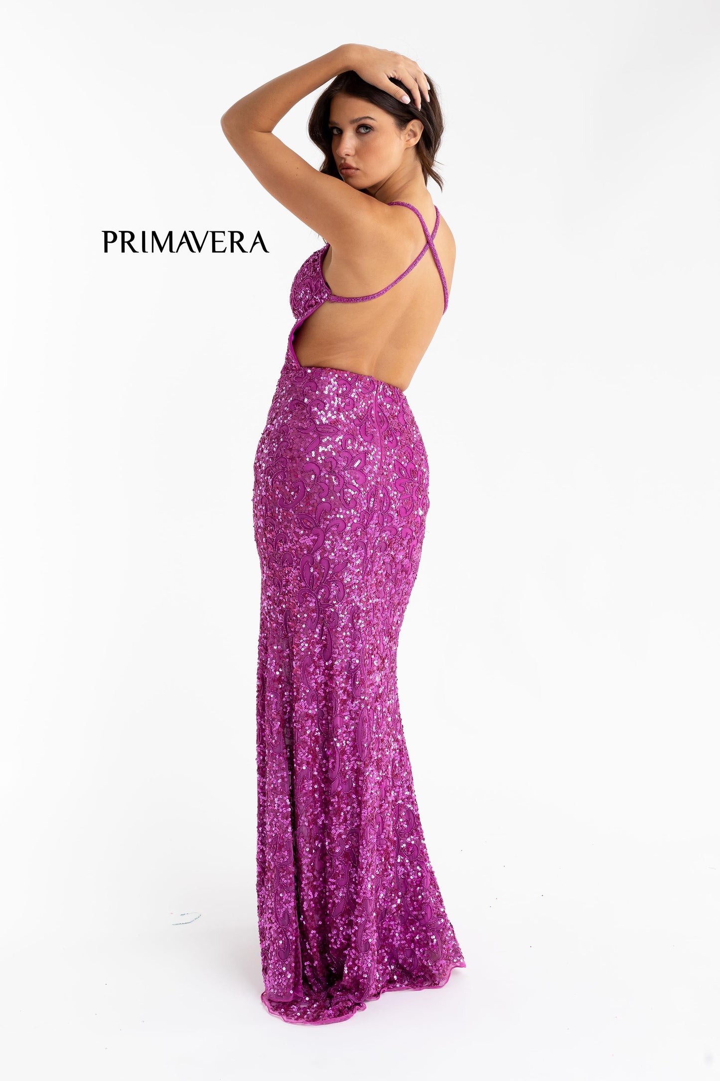 Primavera Couture 3295 Size 000 , 0  Neon Pink Prom Dress V Neckline Sequins Backless Slit Formal Evening Gown