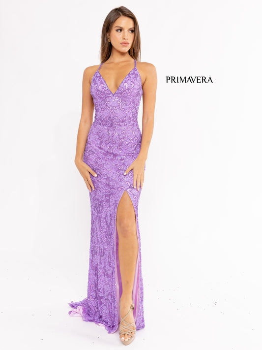 Primavera Couture 3295 Size 2 Neon Lilac Prom Dress V Neckline Sequins Backless Slit Formal Evening Gown