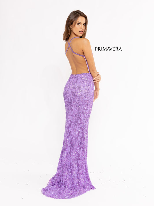 Primavera Couture 3295 Size 2 Neon Lilac Prom Dress V Neckline Sequins Backless Slit Formal Evening Gown