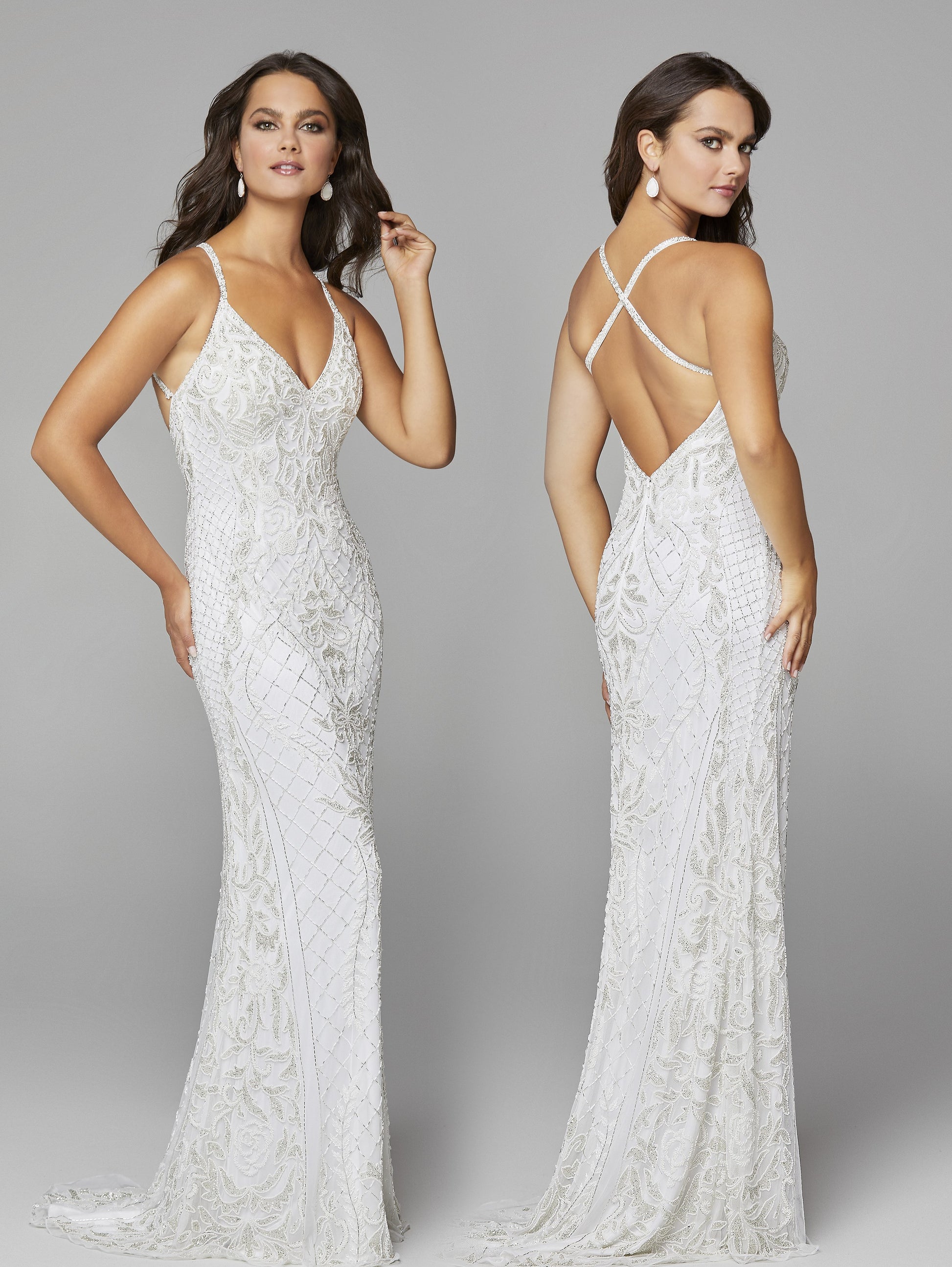 Primavera Couture 3428 is a beaded Prom Dress, Pageant Gown, Wedding Dress & Formal Evening Wear gown. This Gown Features a v neckline with spaghetti straps that criss cross in the open back full long sequin and bead skirt.   Available colors:  Ivory  Available sizes:  8, 12
