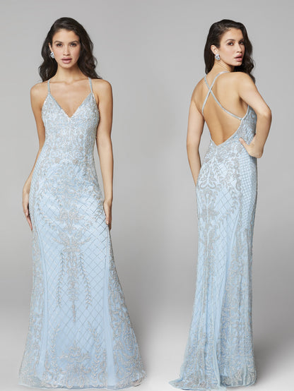 Primavera Couture 3428 is a embellished Prom Dress, Pageant Gown, Wedding Dress & Formal Evening Wear gown. This Gown Features a v neckline with spaghetti straps that criss cross in the open back pageant gown.   Available colors:  Ivory, Powder Blue, Yellow, Lilac, Pewter, Raspberry, Bottle Green  Available sizes:  00,0,2,4,6,8,10,12,14,16,18 