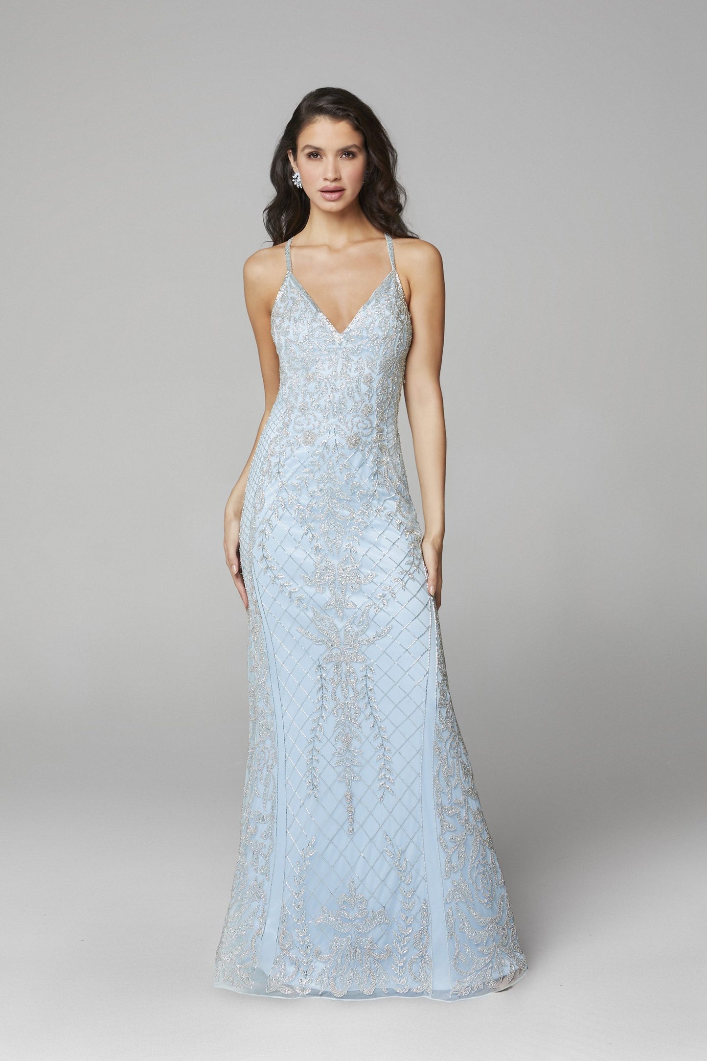 Primavera Couture 3428 is a beaded sequins Prom Dress, Pageant Gown, & Formal Evening Wear gown. This long Gown Features a v neckline with spaghetti straps that criss cross in the open back   Color Powder Blue  Size 8