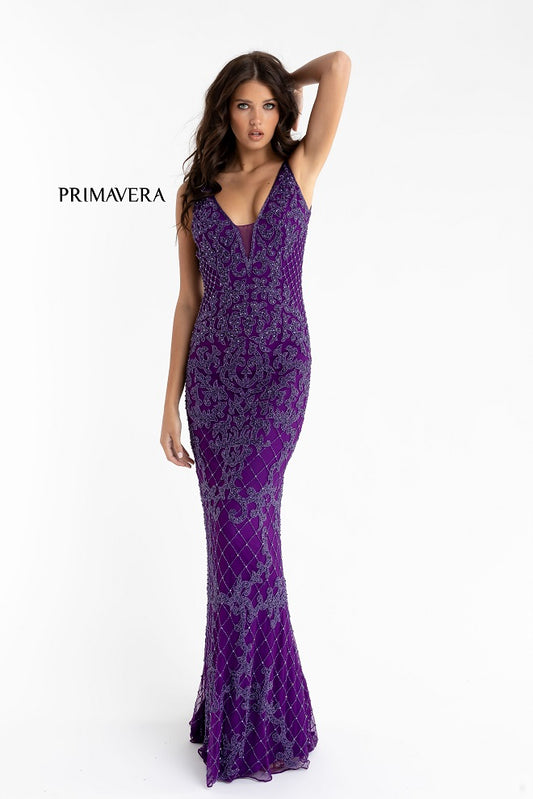 Primavera Couture 3433 Size 12 Purple Long v neckline sequin prom dress embellished straight skirt