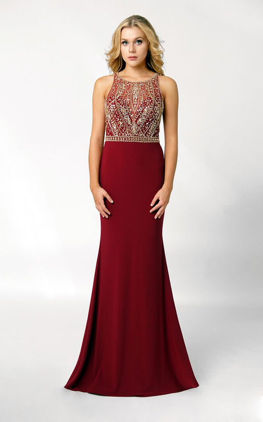 Swing Prom 3463 sleeveless Sheer Embellished high neckline beaded bodice and jersey Fit & Flare gown. illusion plunging neckline formal evening gown.   Available Size: 4  Available Color: Wine