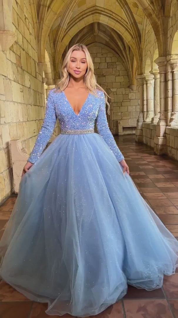 Royal Blue Sequin & 3D Rose Long Sleeve Prom Dress - Promfy