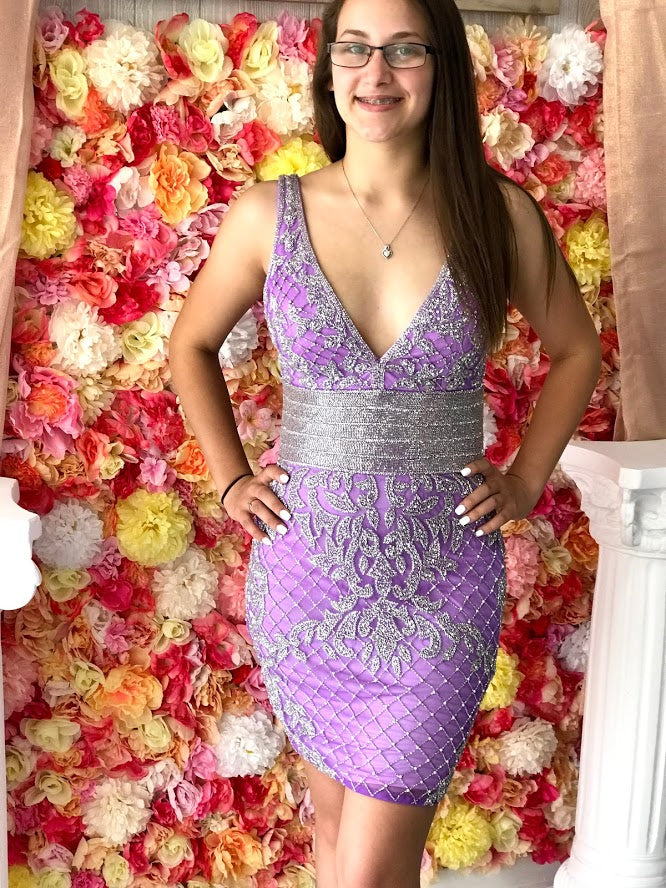 Primavera Couture 3514 V neckline wide straps high V back embellished waist short sequin cocktail dress homecoming dress reception dress. Hand beaded - Liquid Beading  Available colors:  Lilac  Available sizes: 6