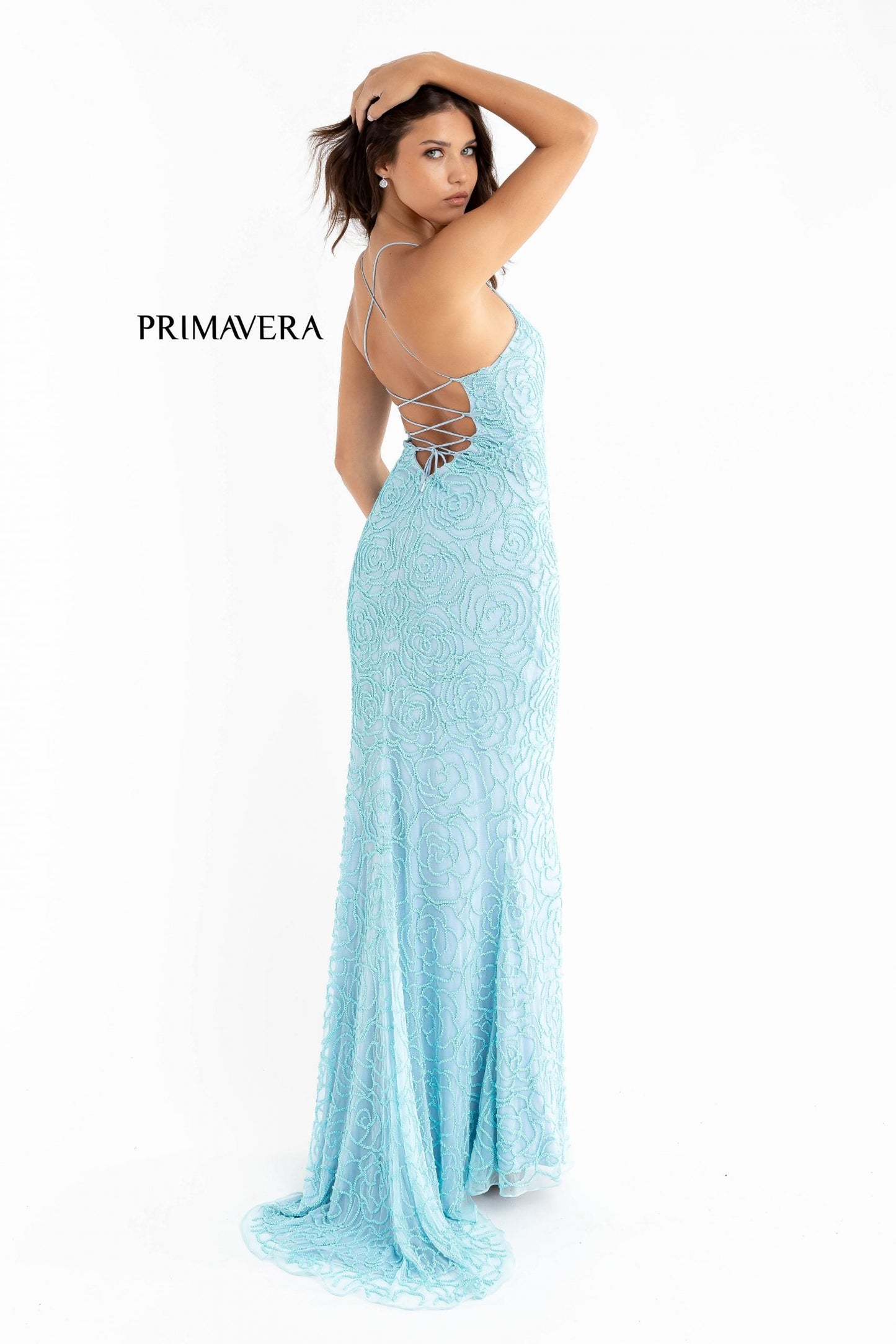 Primavera Couture 3638 Size 2 Bright Blue Long Fitted Floral Beaded Prom Dress Backless Formal Corset