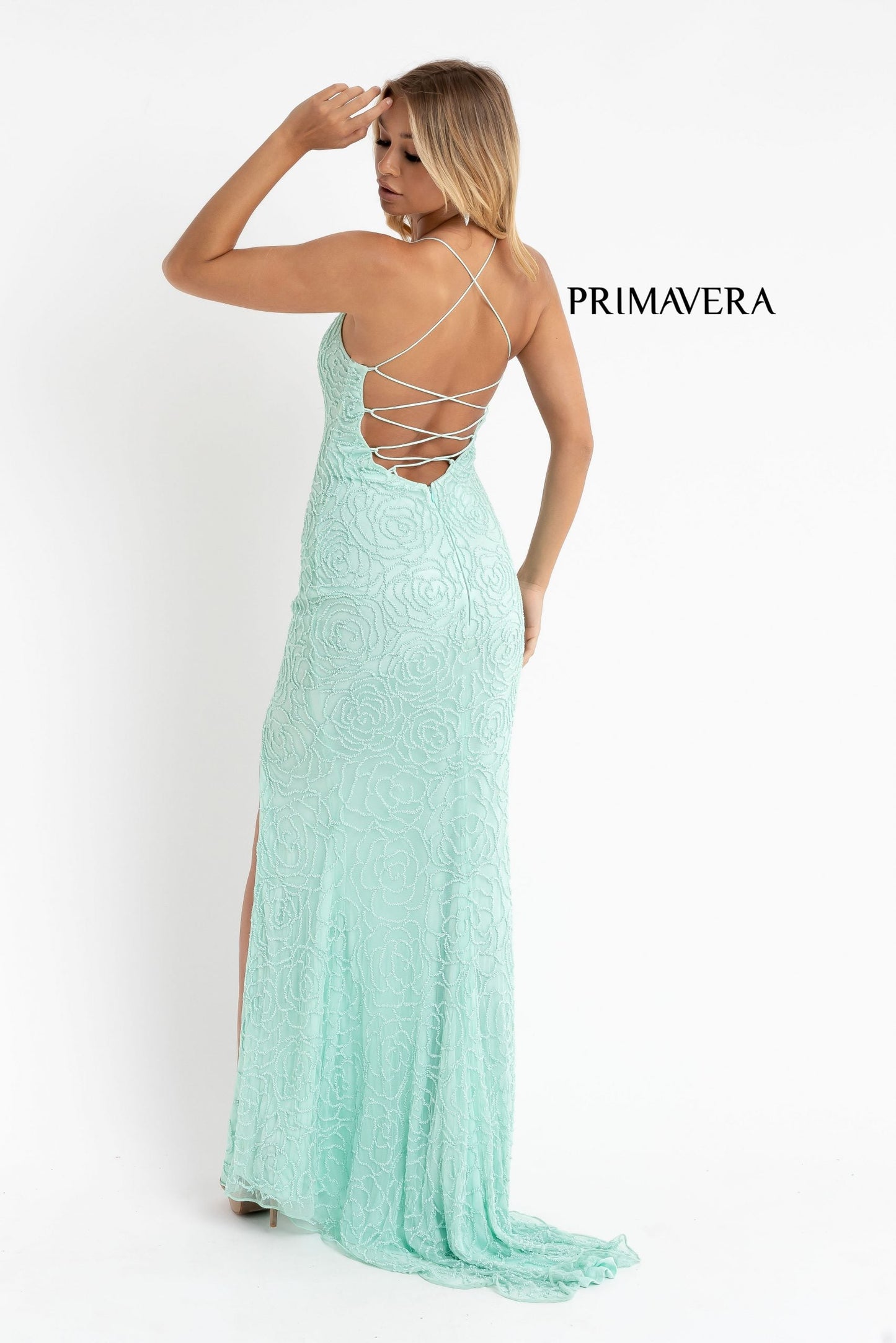Primavera Couture 3638 Size 2 Bright Blue Long Fitted Floral Beaded Prom Dress Backless Formal Corset