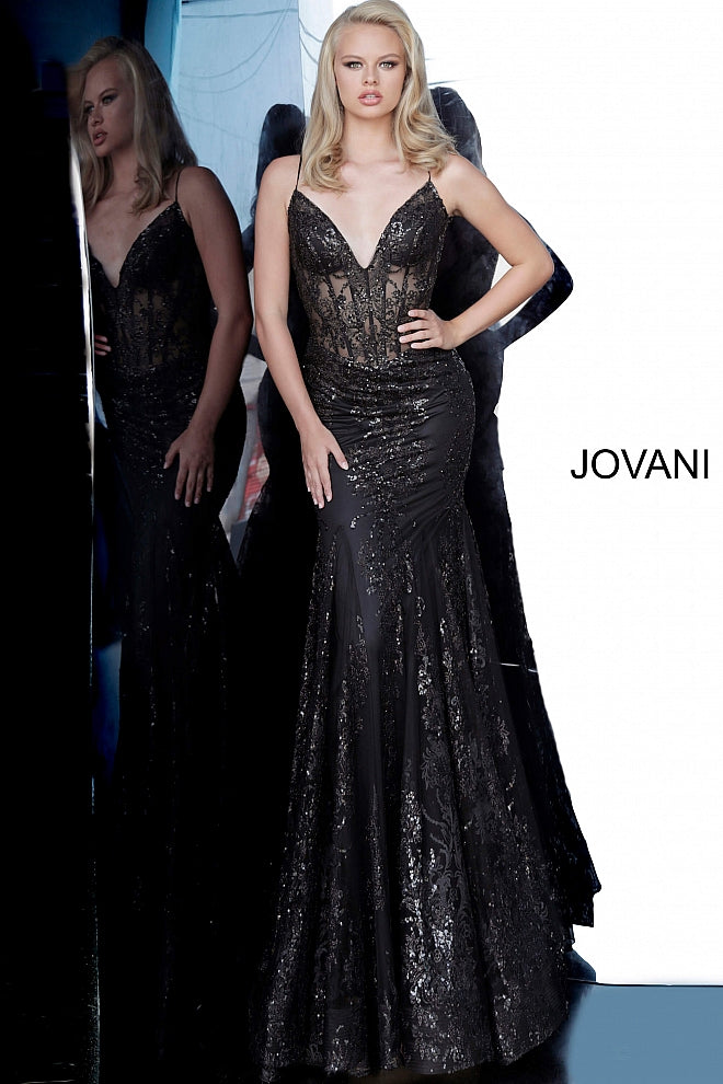 Shine like a Diamond in Jovani 3675! This Gown Features an Embellished Sheer Corset Style Bodice with a Deep V Neckline. Mermaid Silhouette with a Glitter & Crystal Overlay on Tulle. 