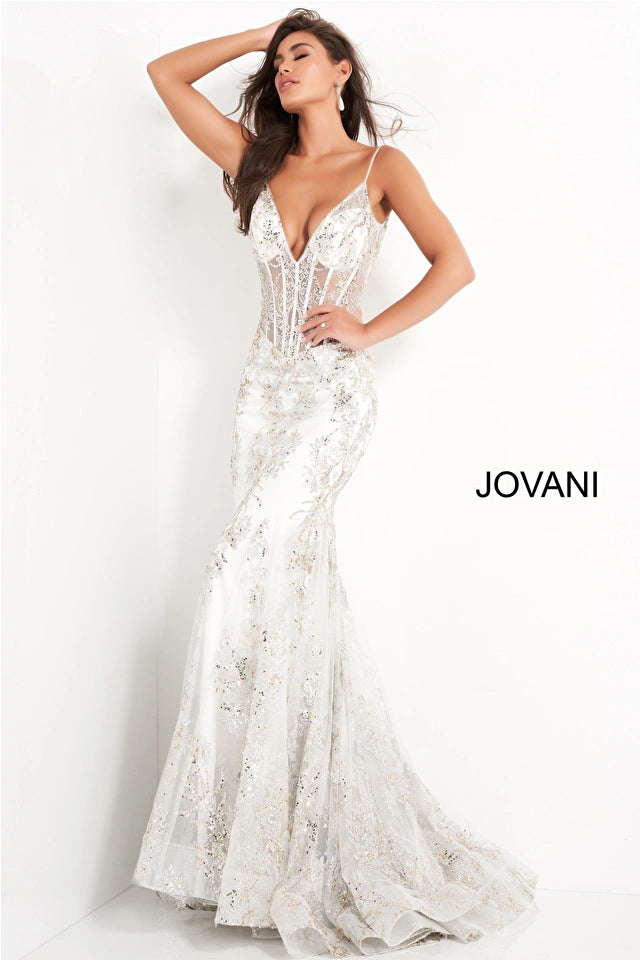 Jovani 3675 Long Prom Dress Sheer Corset Shimmer Mermaid Pageant Gown